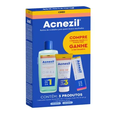 Kit Acnezil Cimed Sabonete Facial 200ml + Protetor Solar FPS 30 com 60g + Gel Secativo 10g