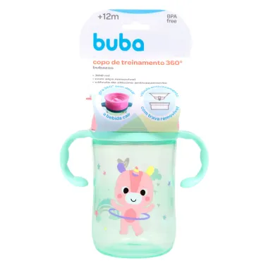 Copo de Treinamento 360° Bubbazoo Unicórnio Buba 12+ Meses com Alça Verde 300ml