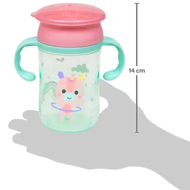 Copo de Treinamento 360° Bubbazoo Unicórnio Buba 12+ Meses com Alça Verde 300ml
