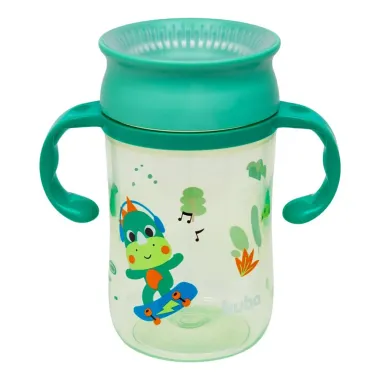 Copo de Treinamento 360° Bubbazoo Dino Buba 12+ Meses com Alça Verde 300ml
