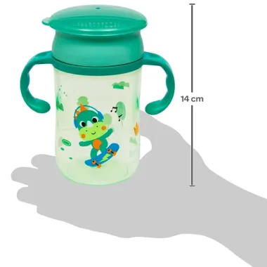 Copo de Treinamento 360° Bubbazoo Dino Buba 12+ Meses com Alça Verde 300ml