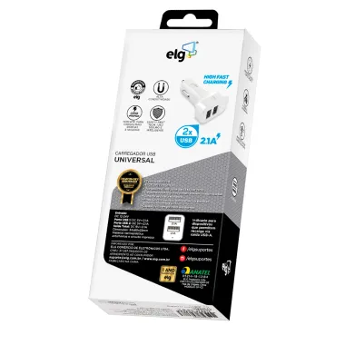 Carregador Veicular USB Universal ELG 2.1A Branco 2 Portas USB