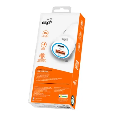 Carregador Veicular Universal ELG 3.1A 2 Portas Tipo C e USB Branco