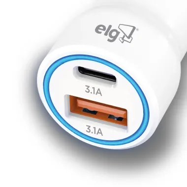 Carregador Veicular Universal ELG 3.1A 2 Portas Tipo C e USB Branco