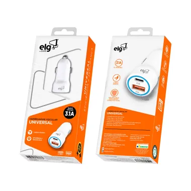 Carregador Veicular Universal ELG 3.1A 2 Portas Tipo C e USB Branco