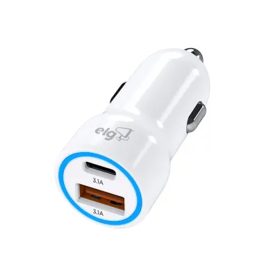 Carregador Veicular Universal ELG 3.1A 2 Portas Tipo C e USB Branco