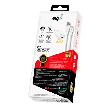 Carregador de Parede 2.1A e Cabo 2.4A Lightning ELG Branco 1 Metro