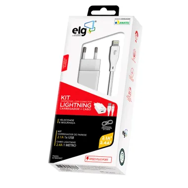 Carregador de Parede 2.1A e Cabo 2.4A Lightning ELG Branco 1 Metro