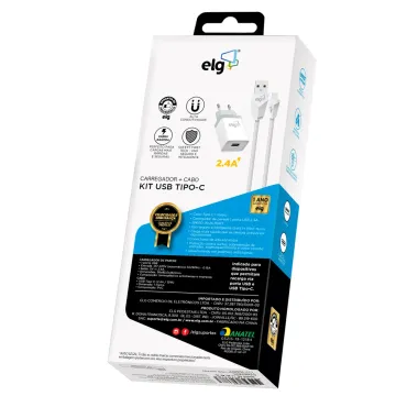 Carregador de Parede e Cabo USB Tipo C ELG 2.4A Universal 1 Metro