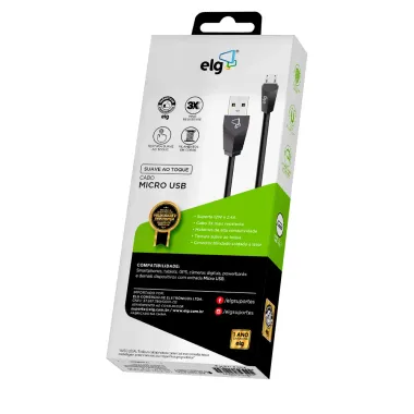 Cabo Micro USB ELG 2.4A Preto 1 Metro