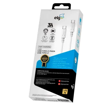 Cabo USB Tipo-C para USB Tipo-C ELG 3A Carga e Sincronização Branco 1 Metro