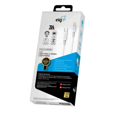 Cabo USB ELG USB Tipo C Lightning 3A Branco 1 Metro