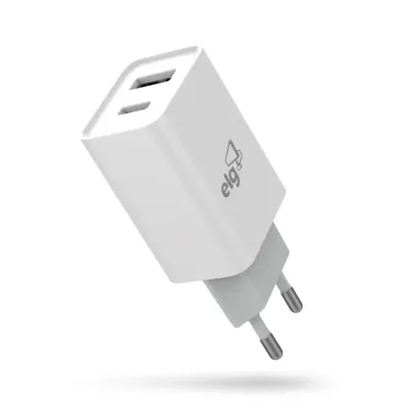 Carregador USB Universal ELG 2.1A 2 Portas 1 USB Tipo-C e 1 USB Branco