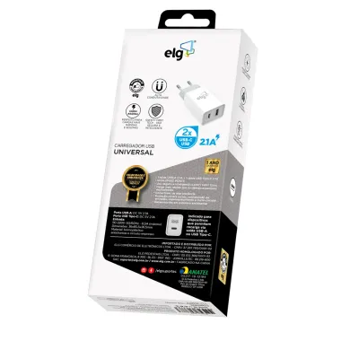 Carregador USB Universal ELG 2.1A 2 Portas 1 USB Tipo-C e 1 USB Branco