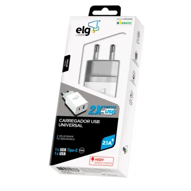 Carregador USB Universal ELG 2.1A 2 Portas 1 USB Tipo-C e 1 USB Branco
