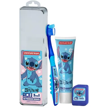Kit Infantil DentalClean Stitch 3 em 1 Gel Dental 50g, Escova Macia, Fio Dental 20m e Estojo