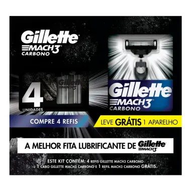 Kit 1 Aparelho Recarregável + 4 Cargas Refis para Barbear Gillette Mach3 Carbono