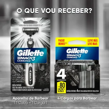 Kit 1 Aparelho Recarreg&aacute;vel + 4 Cargas Refis para Barbear Gillette Mach3 Carbono