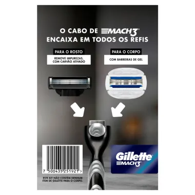 Kit Aparelho para Barba Gillette Mach3 Carbono e 2 Refis Mach3 Carbono