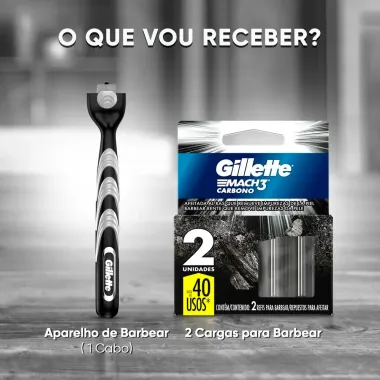 Kit Aparelho para Barba Gillette Mach3 Carbono e 2 Refis Mach3 Carbono