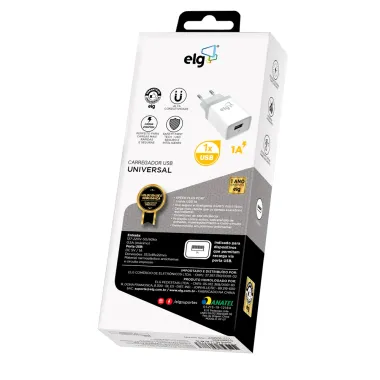 Carregador USB Universal ELG 1A 1 Porta WC1A Branco 1 Unidade