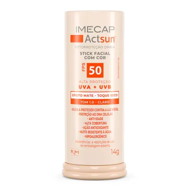 Protetor Solar Imecap Actsun Stick Facial Efeito Matte FPS 50 Cor Tom 1.0 Claro 14g
