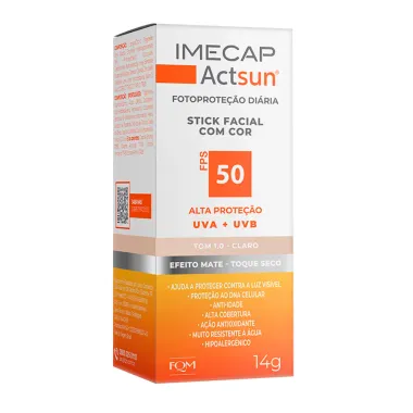 Protetor Solar Imecap Actsun Stick Facial Efeito Matte FPS 50 Cor Tom 1.0 Claro 14g