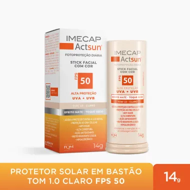 Protetor Solar Imecap Actsun Stick Facial Efeito Matte FPS 50 Cor Tom 1.0 Claro 14g