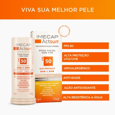 Protetor Solar Imecap Actsun Stick Facial Efeito Matte FPS 50 Cor Tom 1.0 Claro 14g