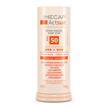 Protetor Solar Imecap Actsun Stick Facial Efeito Matte FPS 50 Cor Tom 3.0 Escuro 14g