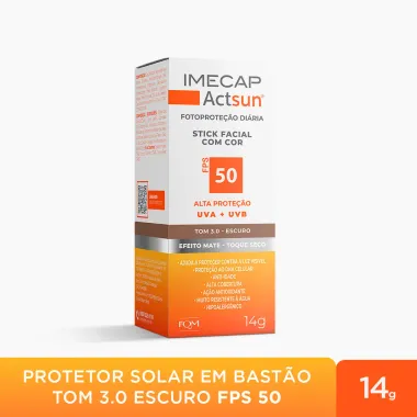 Protetor Solar Imecap Actsun Stick Facial Efeito Matte FPS 50 Cor Tom 3.0 Escuro 14g