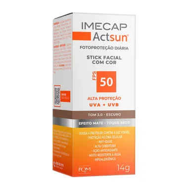 Protetor Solar Imecap Actsun Stick Facial Efeito Matte FPS 50 Cor Tom 3.0 Escuro 14g