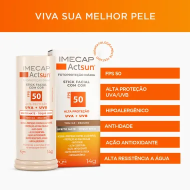 Protetor Solar Imecap Actsun Stick Facial Efeito Matte FPS 50 Cor Tom 3.0 Escuro 14g