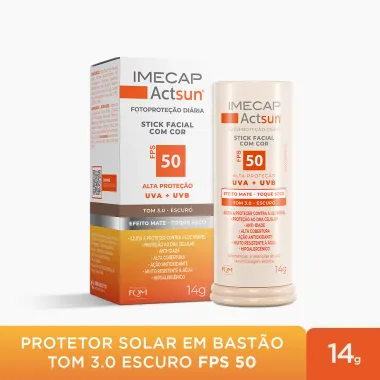 Protetor Solar Imecap Actsun Stick Facial Efeito Matte FPS 50 Cor Tom 3.0 Escuro 14g