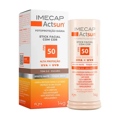 Protetor Solar Imecap Actsun Stick Facial Efeito Matte FPS 50 Cor Tom 3.0 Escuro 14g