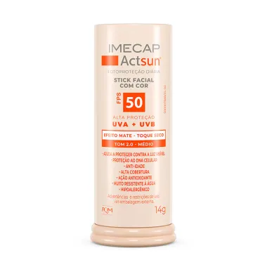 Protetor Solar Imecap Actsun Stick Facial Efeito Matte FPS 50 Cor Tom 2.0 Médio 14g