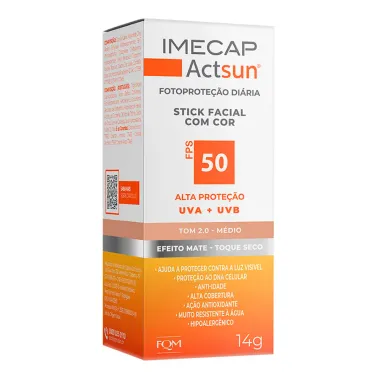 Protetor Solar Imecap Actsun Stick Facial Efeito Matte FPS 50 Cor Tom 2.0 Médio 14g
