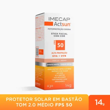 Protetor Solar Imecap Actsun Stick Facial Efeito Matte FPS 50 Cor Tom 2.0 Médio 14g