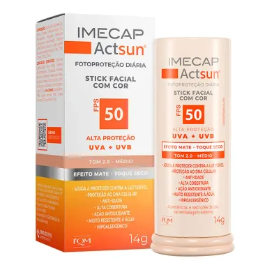 Protetor Solar Imecap Actsun Stick Facial Efeito Matte FPS 50 Cor Tom 2.0 M&eacute;dio 14g