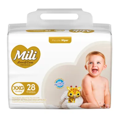 Fralda Infantil Mili Love e Care Premium Hiper Tamanho XXG com 28 Unidades Descartáveis