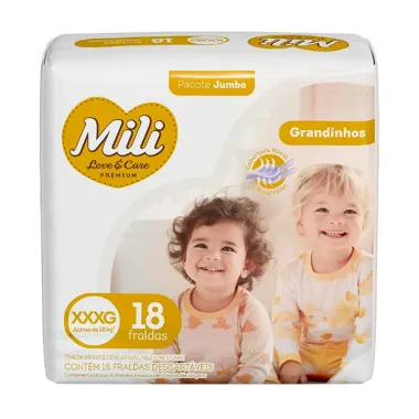 Fralda Mili Love e Care Premium Grandinhos Tamanho XXXG Pacote Jumbo 18 Unidades Descartáveis