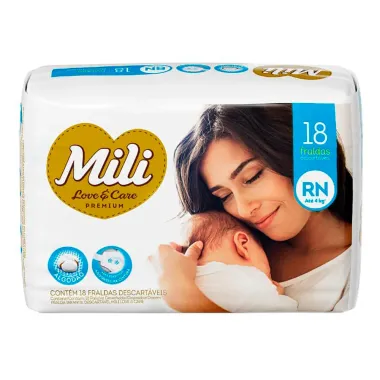 Fralda Mili Love e Care Premium Tamanho RN 18 Unidades Descartáveis