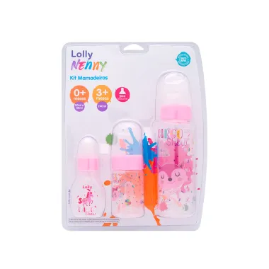 Kit Mamadeiras Lolly Nenny Bico de Silicone 0+ Meses Rosa com 3 Unidades