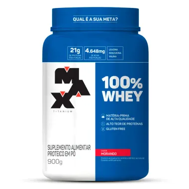 100% Whey Max Titanium Sabor Morango com 21g de Proteína 900g
