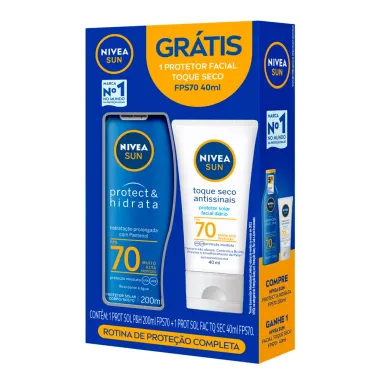 Kit Protetor Solar Nivea Sun Protect & Hidrata FPS 70 200ml e Ganhe Protetor Solar Facial Toque Seco Antissinais FPS 70 40ml
