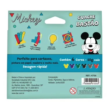 Guache Bastão Michey Dac Art 3+ Anos com 6 Cores Sortidas de 10g cada
