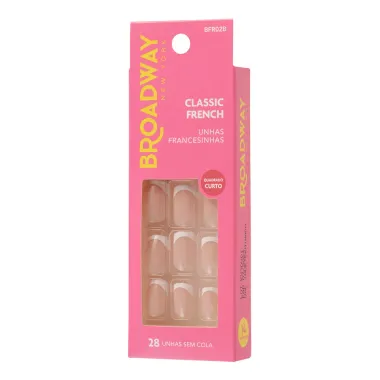 Unhas Postiças Broadway New York Classic French Quadrado Curto Sem Cola Unhas Francesinhas 28 Unidades