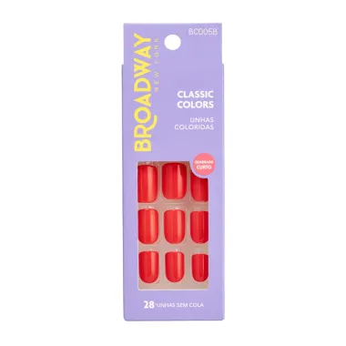 Unhas Postiças Broadway New York Classic Colors Quadrado Curto Sem Cola Vermelho 28 Unidades