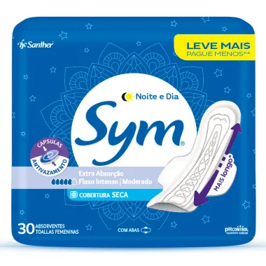 Absorvente Sym Noite e Dia Extra Absorção Cobertura Seca com Abas 30 Unidades Leve Mais Por Menos