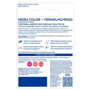 Hidratante Labial Nivea Hidra Color 3 em 1 FPS 30 Vermelho 4,8g
